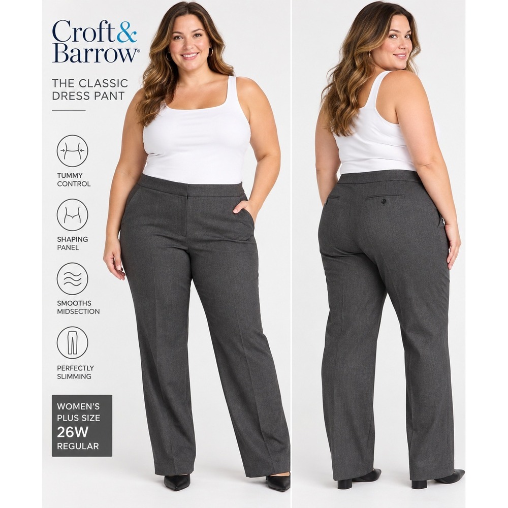 Croft & Barrow Classic Dress Pant Gray Plus Size 26W Tummy Control WC73X902PSA